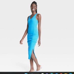 (NWT) Women's Blue Sleeveless Rib Knit Side Ruched Dress --Size Small